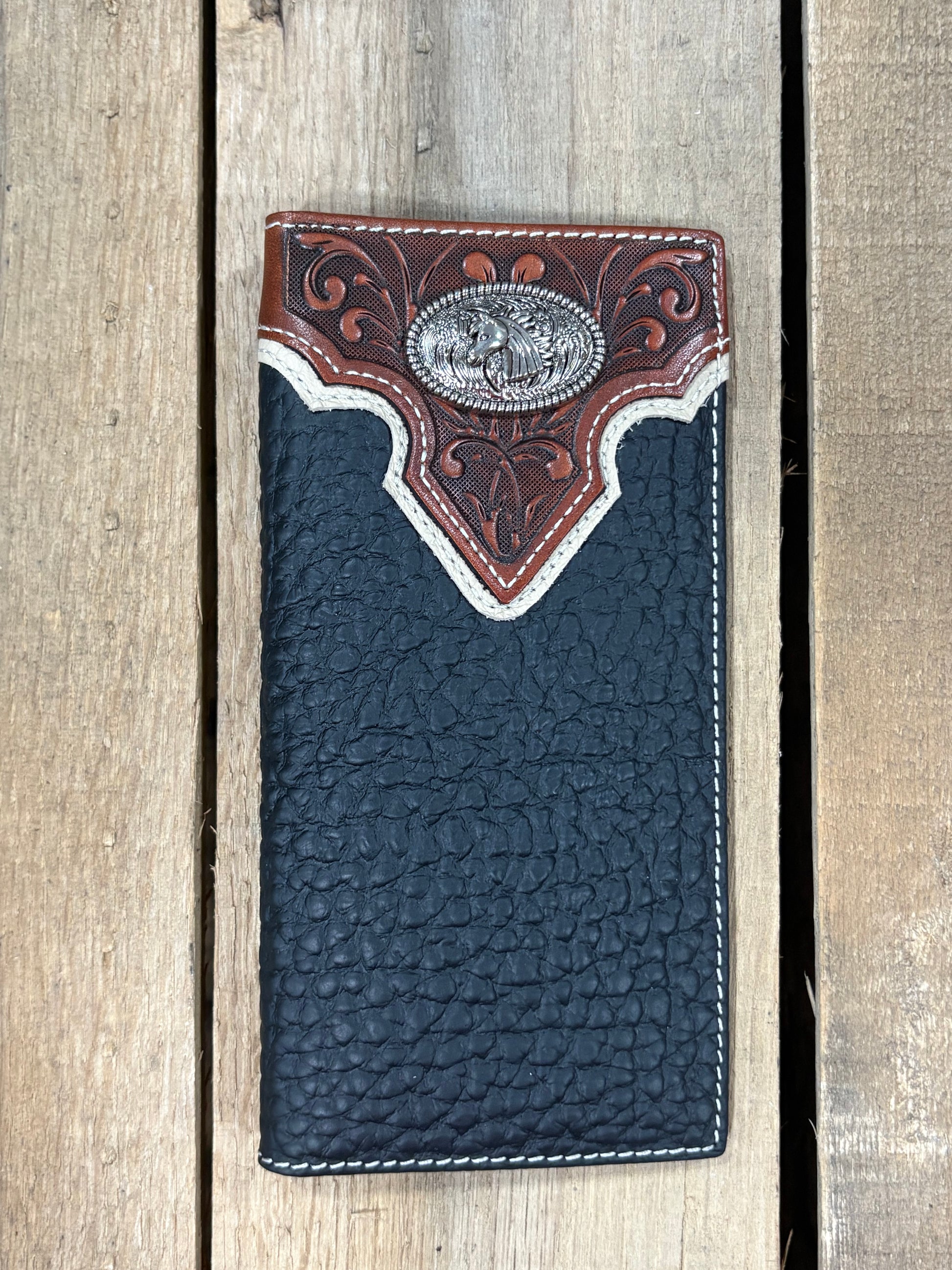 Black pebbled leather checkbook wallet with brown tooled design featuring a Horse Head Concho. Front View