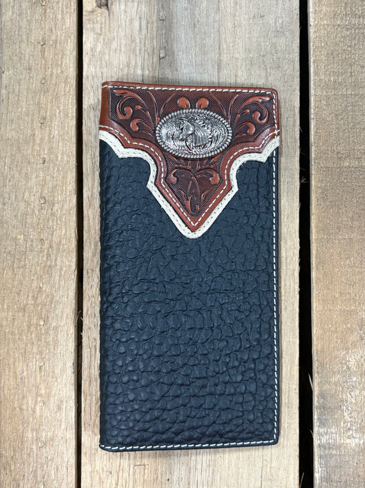 Black pebbled leather checkbook wallet with brown tooled design featuring a Horse Head Concho. Front View