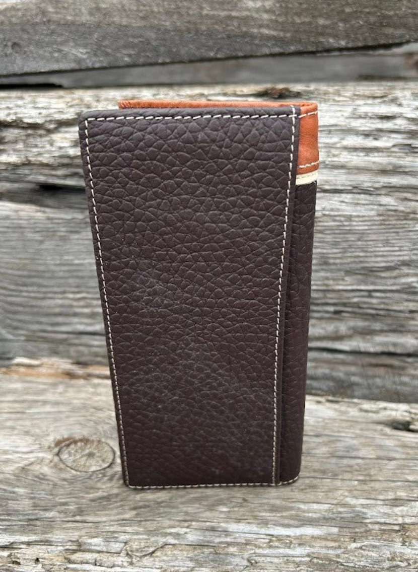 Coffee Brown leather checkbook wallet. Rear view