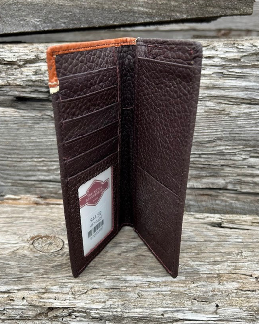 Coffee Brown leather checkbook wallet. Inside view showing ID window, and multiple card and cash slots. 