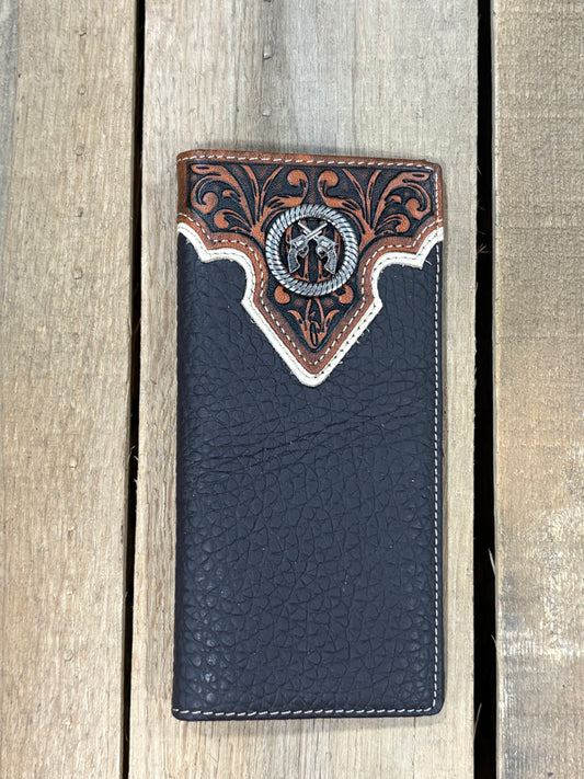 Coffee Brown leather wallet with intricate brown and white stitching and a central emblem.