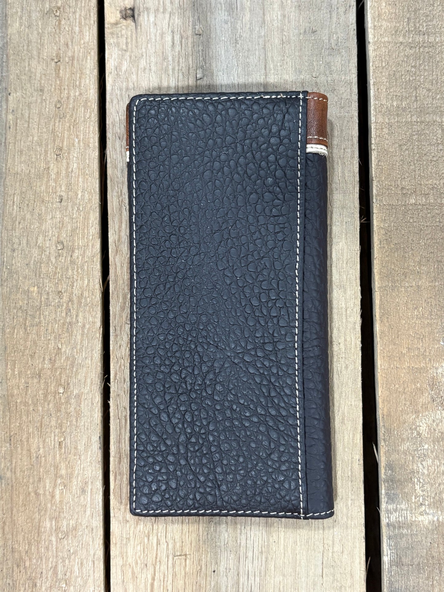 Coffee Brown leather wallet back view on a wooden surface