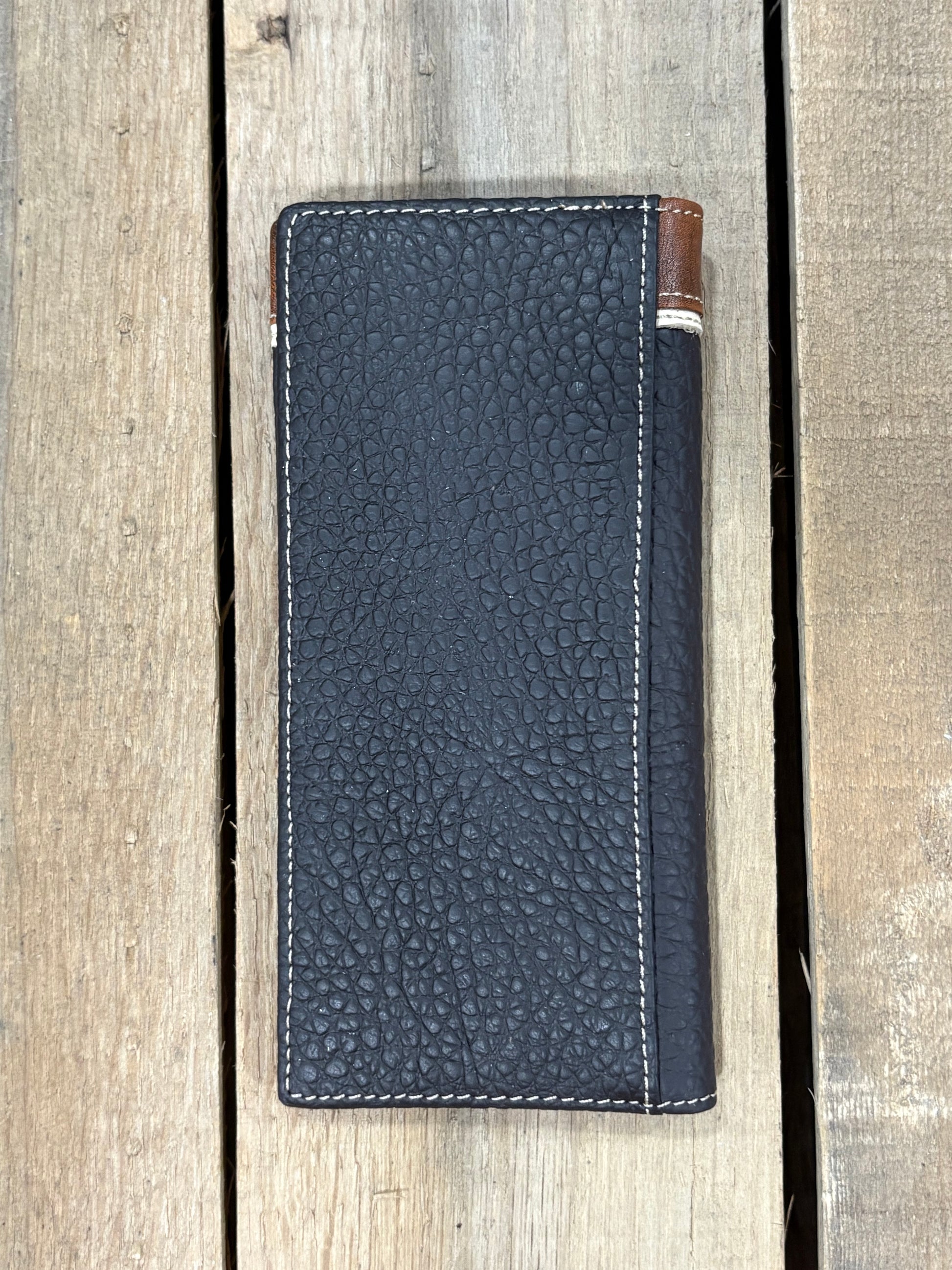 Coffee Brown leather wallet back view on a wooden surface