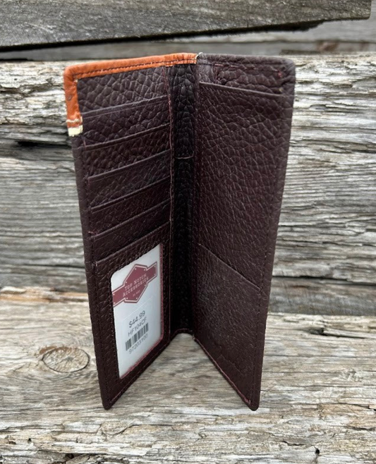 Coffee Brown leather wallet with a visible brand label inside view on a wooden surface