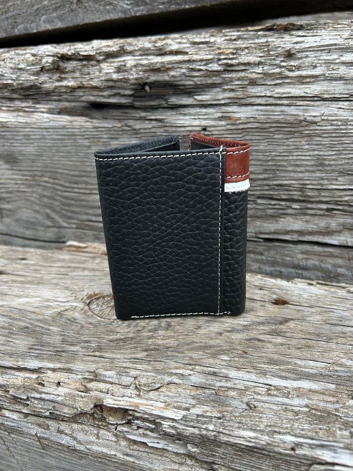 Black pebbled leather trifold wallet with a Brown embossed leather overlay featuring a Longhorn Concho. Rear View