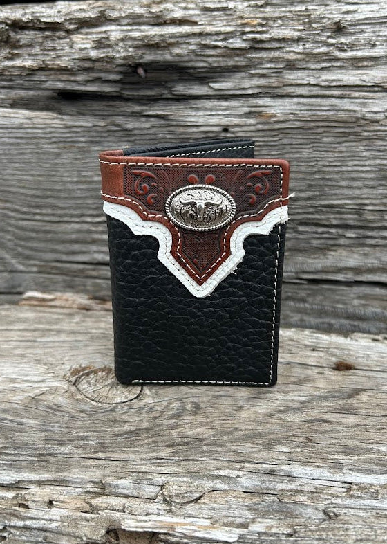 Black pebbled leather trifold wallet with a Brown embossed leather overlay featuring a Longhorn Concho. Front View
