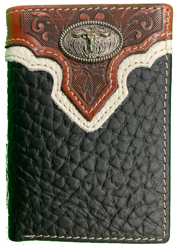 Close up view of a Black pebbled leather trifold wallet with a Brown embossed leather overlay featuring a Longhorn Concho. Front View