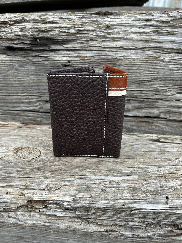 Coffee Brown leather trifold wallet with a Brown embossed overlay featuring a Longhorn Concho. Rear View