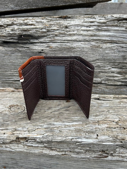 Coffee Brown leather trifold wallet with a Brown embossed overlay featuring a Longhorn Concho. Inside view showing ID window and multiple card slots. 