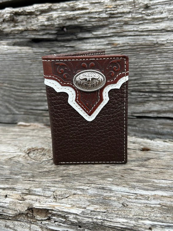 Coffee Brown leather trifold wallet with a Brown embossed overlay featuring a Longhorn Concho. Front View 