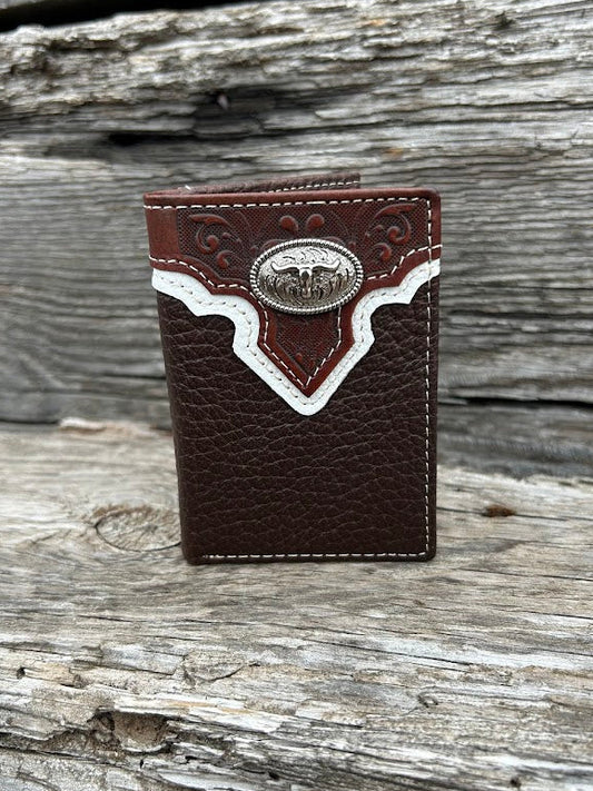 Coffee Brown leather trifold wallet with a Brown embossed overlay featuring a Longhorn Concho. Front View 