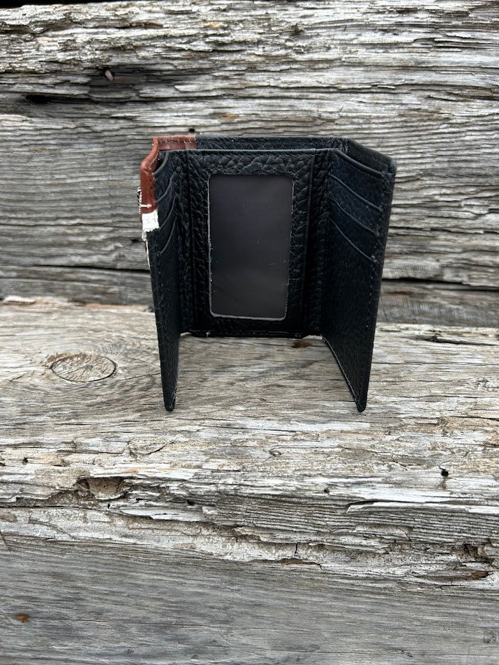 Black pebbled leather Trifold wallet with embossed Brown overlay featuring a Praying Cowboy Concho. Inside view showing multiple card slots and a ID window. 