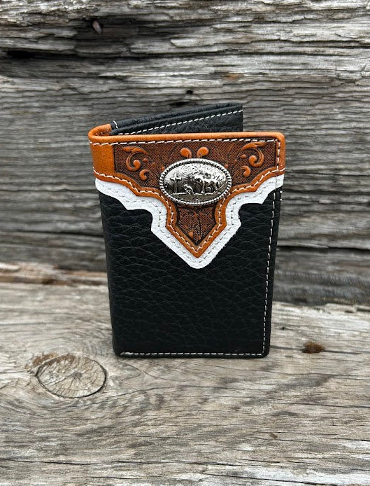 Black pebbled leather Trifold wallet with embossed Brown overlay featuring a Praying Cowboy Concho. Front View