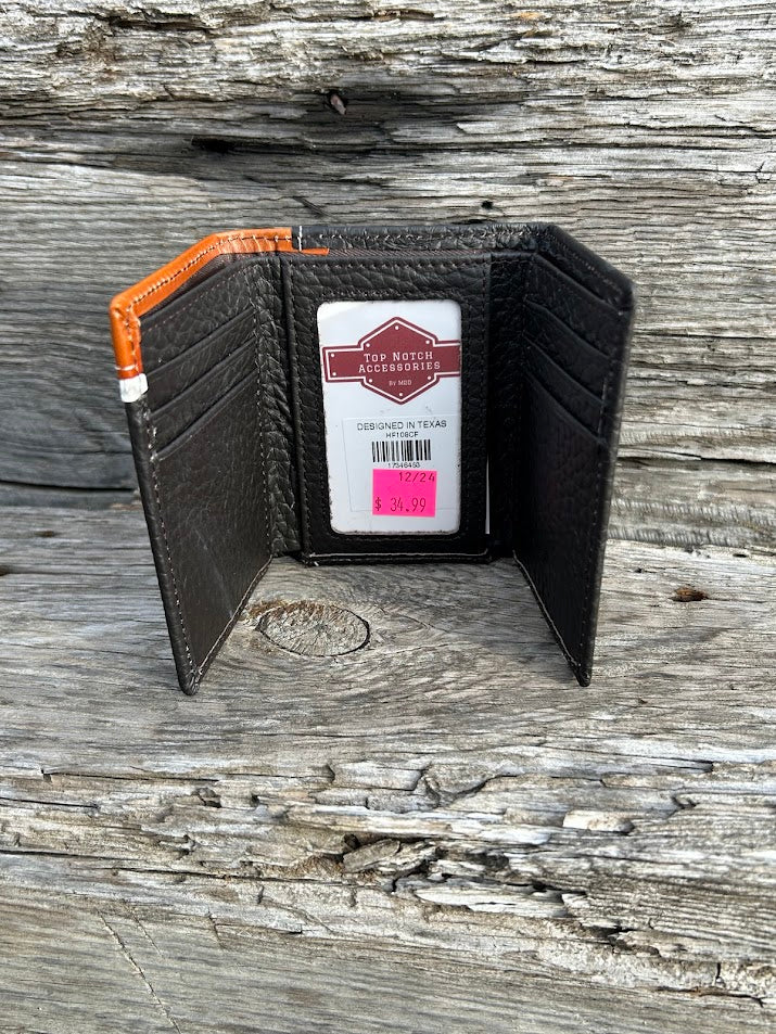 Coffee Brown leather trifold wallet with embossed Brown overlay top featuring a Praying Cowboy Concho. Inside view showing ID window and multiple card slots. 