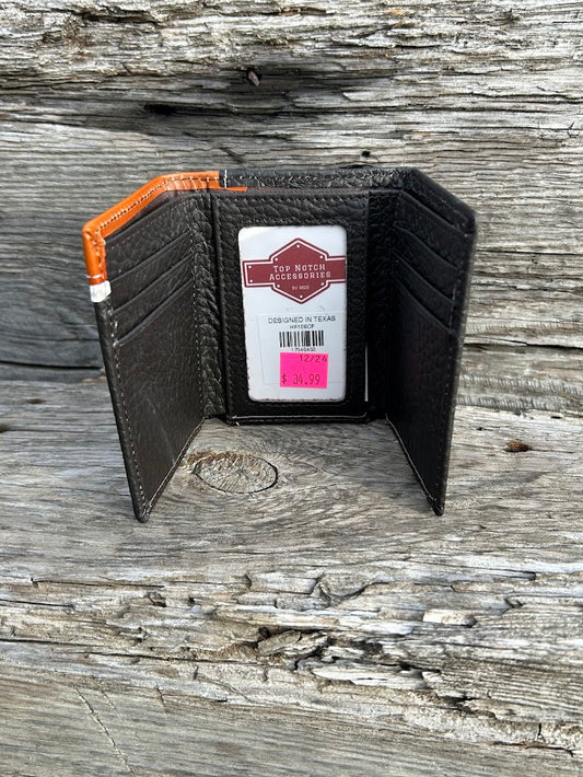 Coffee Brown leather trifold wallet with embossed Brown overlay top featuring a Praying Cowboy Concho. Inside view showing ID window and multiple card slots. 