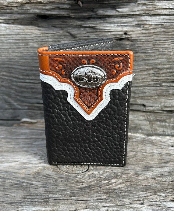 Coffee Brown leather trifold wallet with embossed Brown overlay top featuring a Praying Cowboy Concho. Front View 