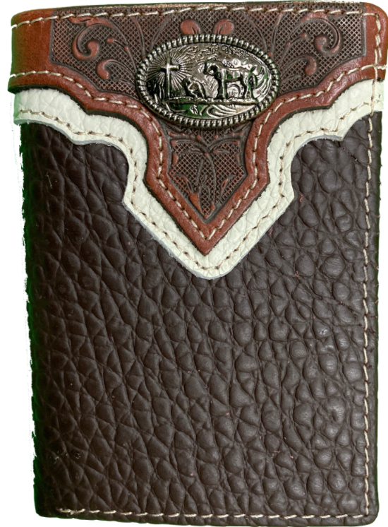 Close up of a Coffee Brown leather trifold wallet with embossed Brown overlay top featuring a Praying Cowboy Concho. Front View 