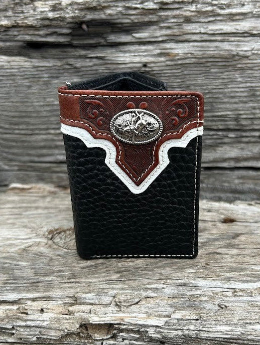 Black pebbled leather trifold wallet with a brown leather overlay featuring a Bull Rider Concho. Front View