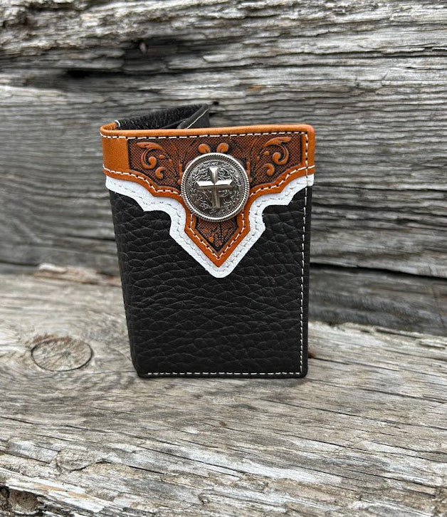 Coffee Brown trifold wallet with a embossed Brown leather overlay featuring a Cross Concho. Front View