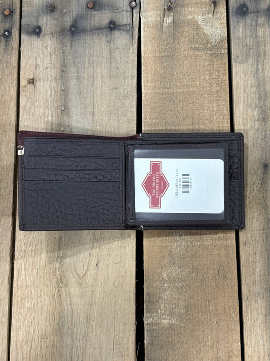 Coffee Brown leather wallet with a Top Notch Accessories card inside the ID window slot and 3 card slots on a wooden surface
