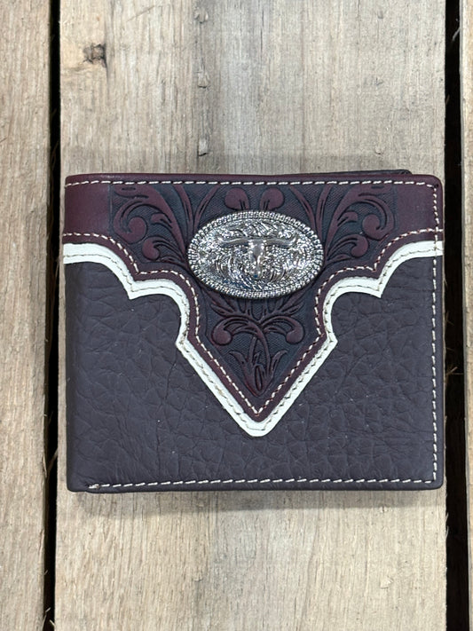Coffee Brown pebbled leather wallet with intricate floral design that has a longhorn Concho on a wooden surface