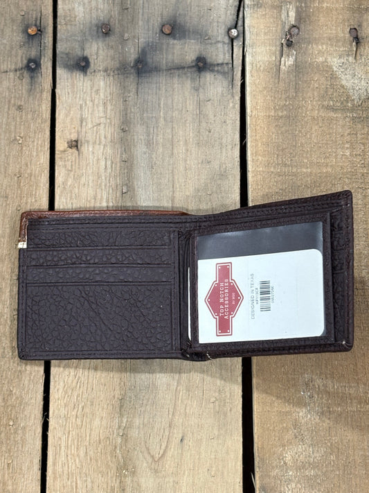 Coffee Brown pebbled leather wallet with three card slots and a Top Notch Accessories card inside the ID window slot a brand label on a wooden surface