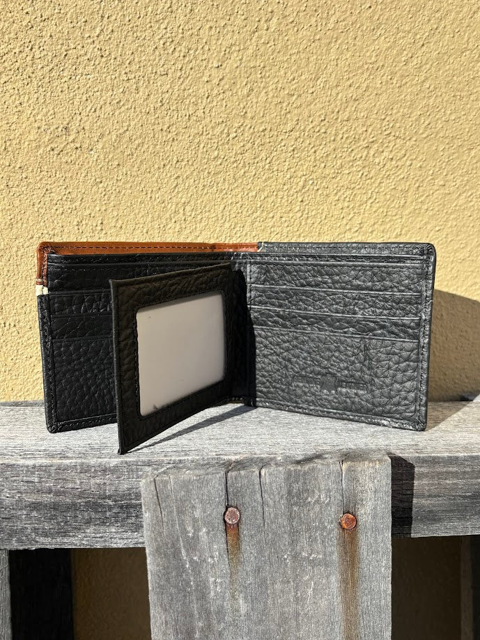 Black leather bifold wallet with Brown overlay and a Praying Cowboy Concho.  Inside view showing six card slots and two ID windows. 