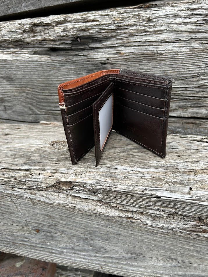 Coffee Brown leather bifold wallet with a embossed Brown overlay featuring a Praying Cowboy Concho. Inside view showing dual ID window and multiple card slots. 