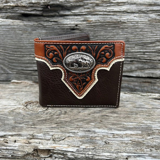 Coffee Brown leather bifold wallet with a embossed Brown overlay featuring a Praying Cowboy Concho. Front View