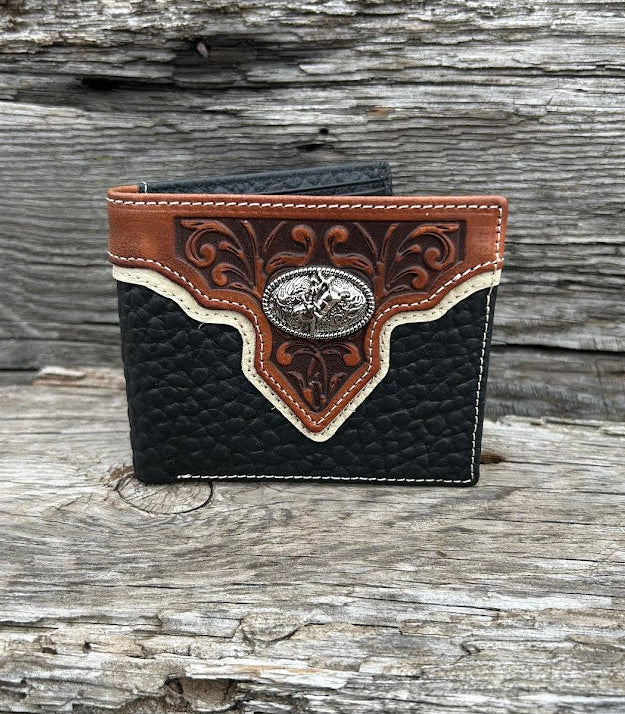 Black leather bifold wallet with embossed Brown overlay featuring a Bull Rider Concho. Front View
