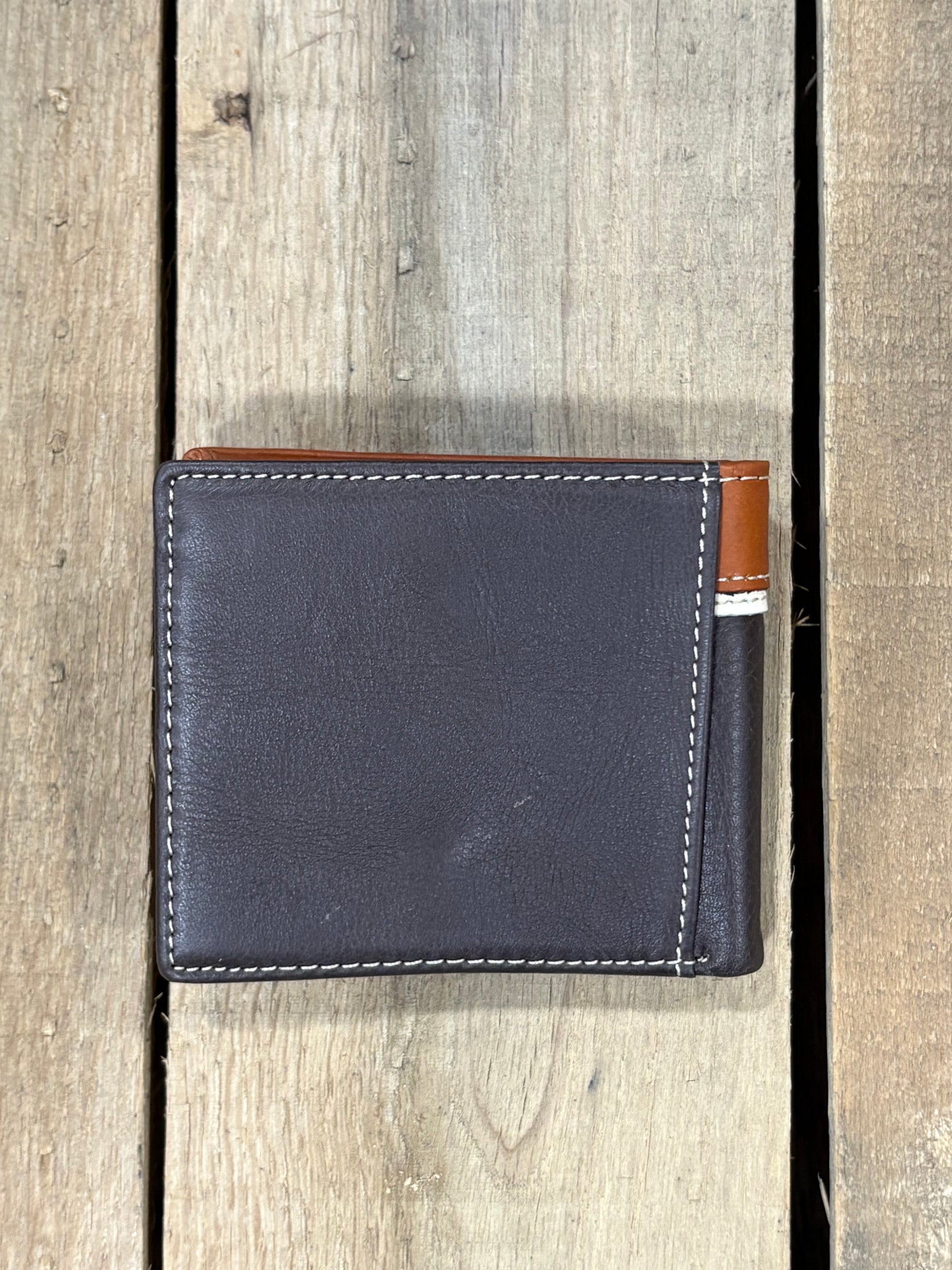 Coffee Brown leather wallet with brown accents on a wooden surface