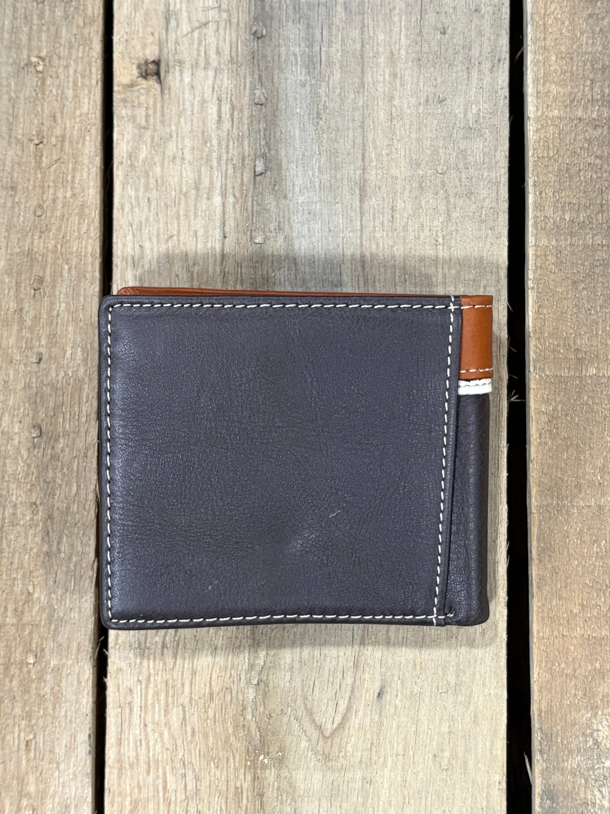 Coffee Brown leather wallet with brown accents on a wooden surface