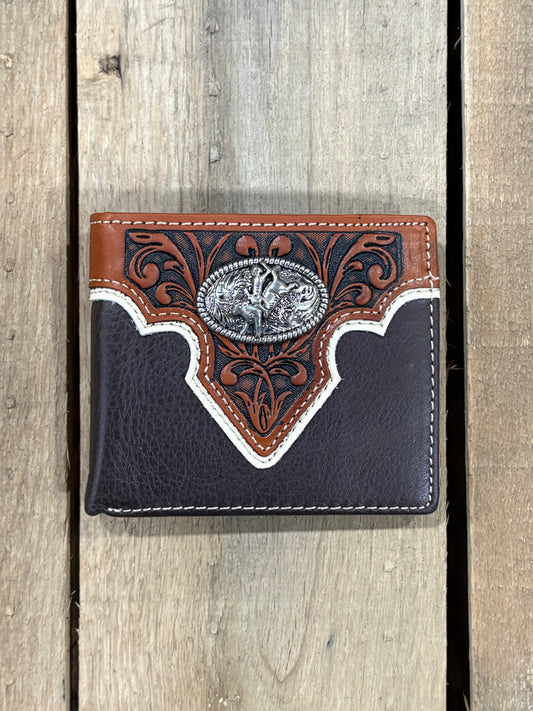 Coffee Brown Pebbled Leather wallet with intricate brown floral designs on a wooden surface