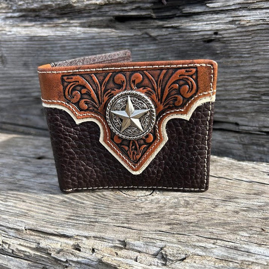 Coffee Brown leather bifold wallet with Star Concho. Front View