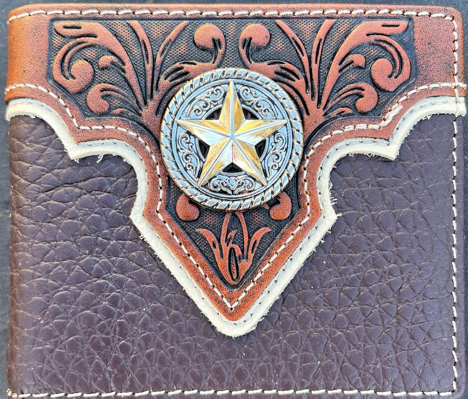 Close up of a Coffee Brown leather wallet with star design and embossed patterns