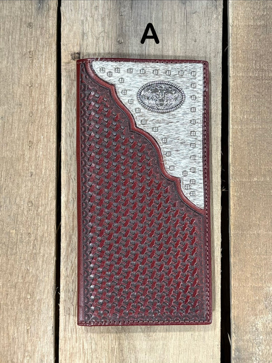 Coffee Brown basketweave leather tall wallet with hair-on corner featuring a Longhorn Concho. Front View