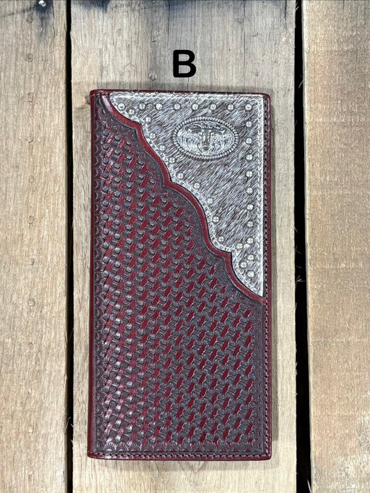 Coffee Brown basketweave leather tall wallet with hair-on corner featuring a Longhorn Concho. Front View A