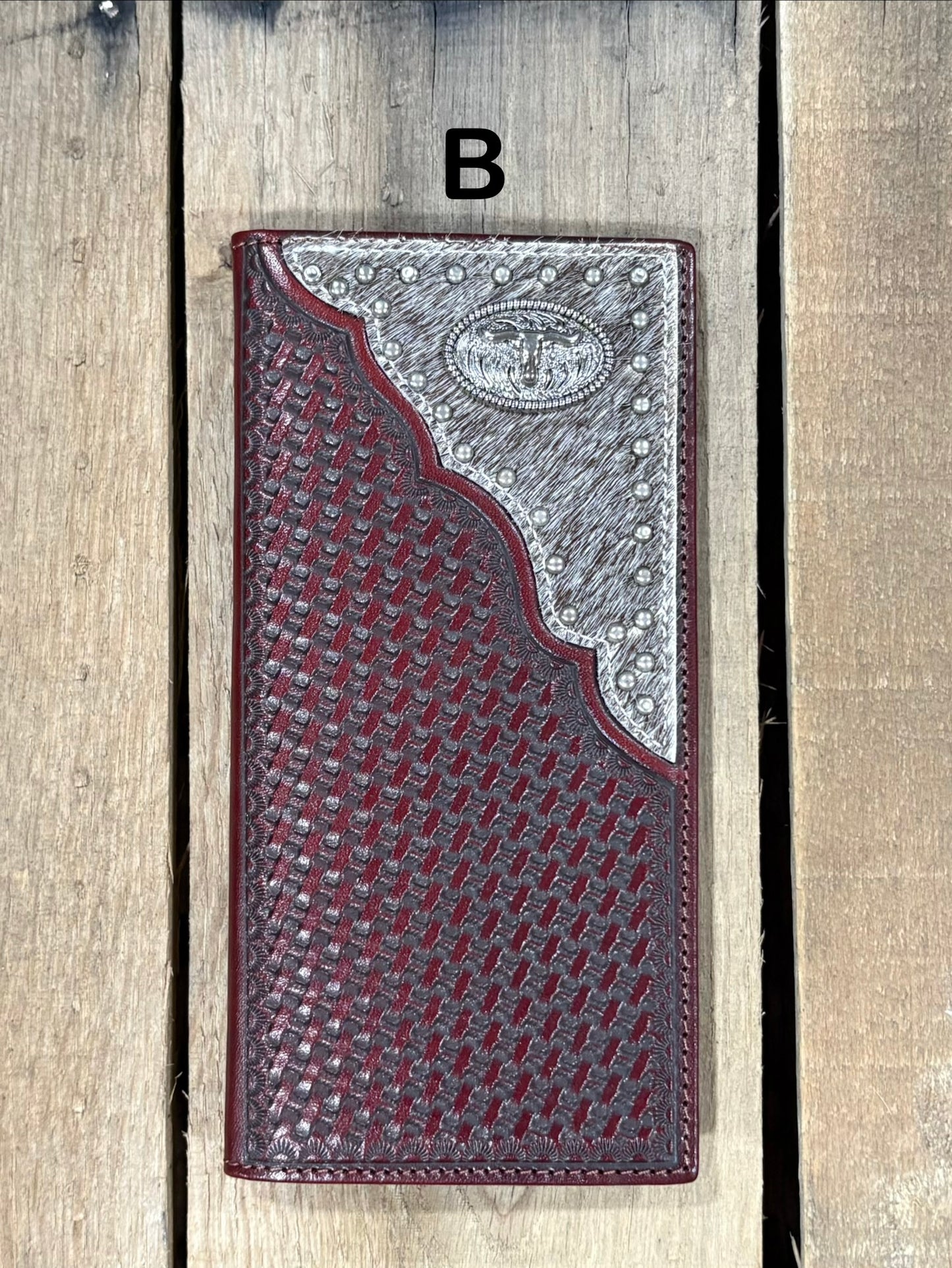 Coffee Brown basketweave leather tall wallet with hair-on corner featuring a Longhorn Concho. Front View A