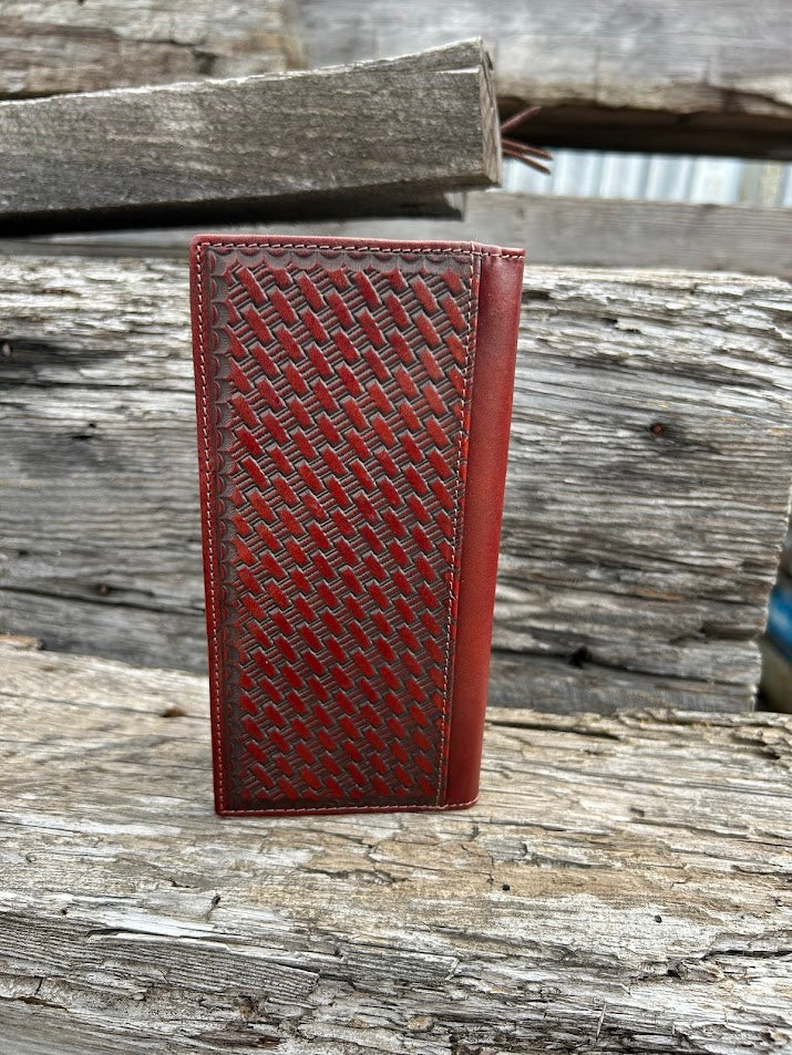Coffee Brown basketweave leather tall wallet with hair-on corner featuring a Longhorn Concho. Rear view showing additional bill slot. 