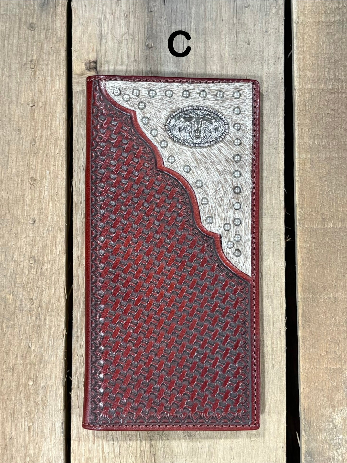 Coffee Brown basketweave leather tall wallet with hair-on corner featuring a Longhorn Concho. Front View A