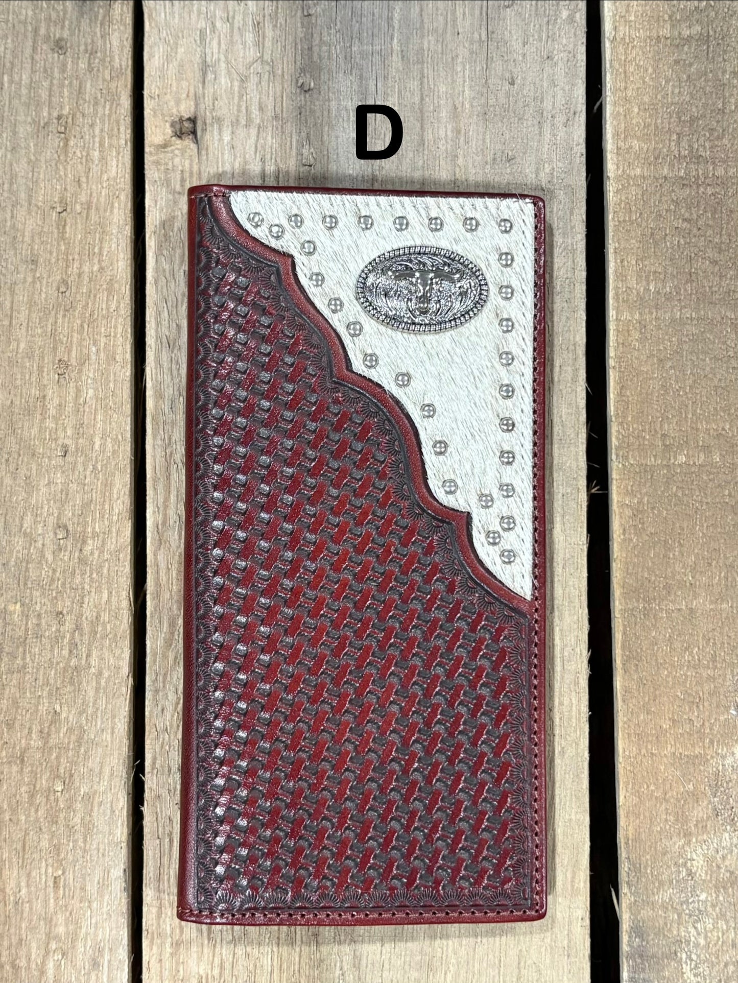 Coffee Brown basketweave leather tall wallet with hair-on corner featuring a Longhorn Concho. Front View A