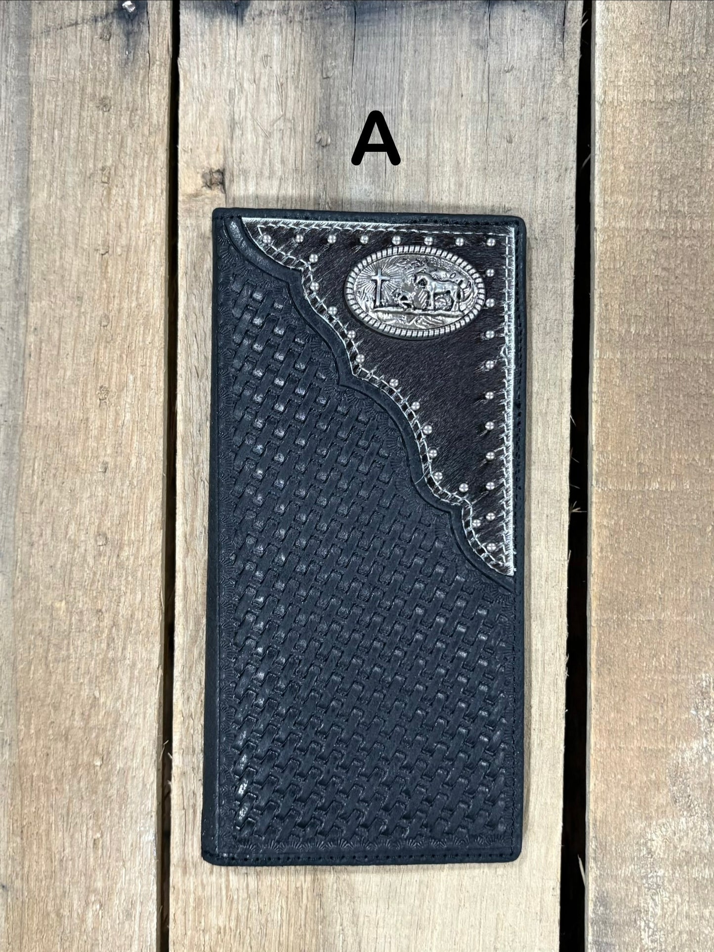 Black basketweave leather tall wallet with hair-on corner featuring a Praying Cowboy Concho. Front View