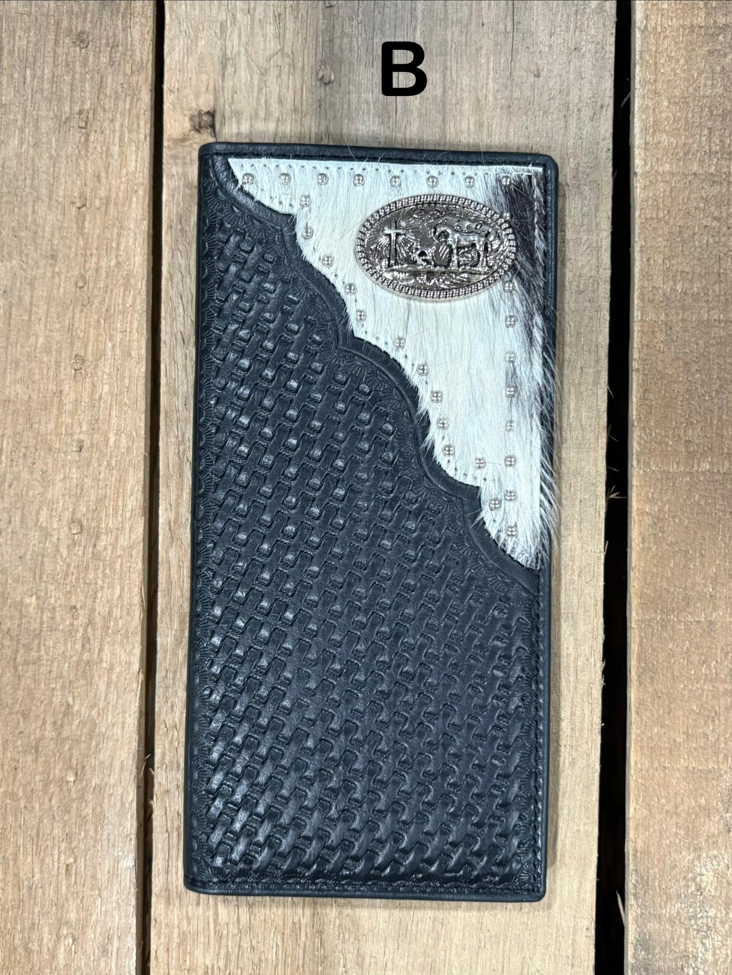 Black basketweave leather tall wallet with hair-on corner featuring a Praying Cowboy Concho. Front View