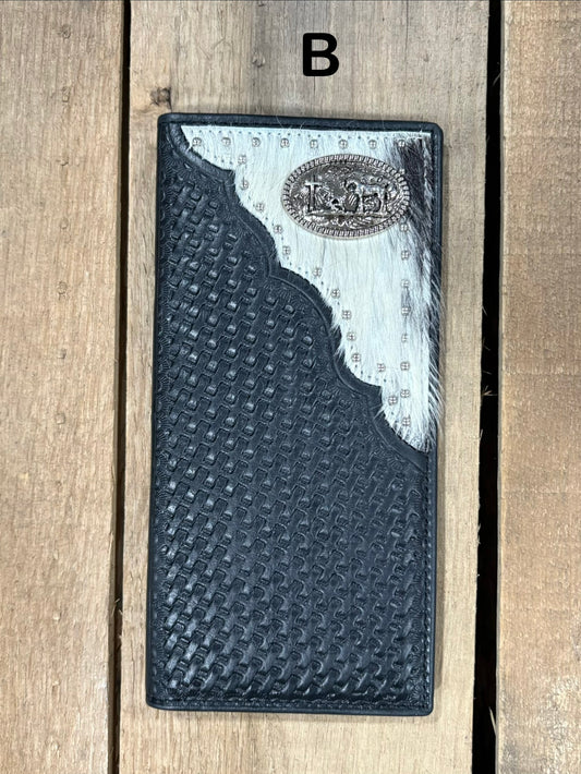 Black basketweave leather tall wallet with hair-on corner featuring a Praying Cowboy Concho. Front View