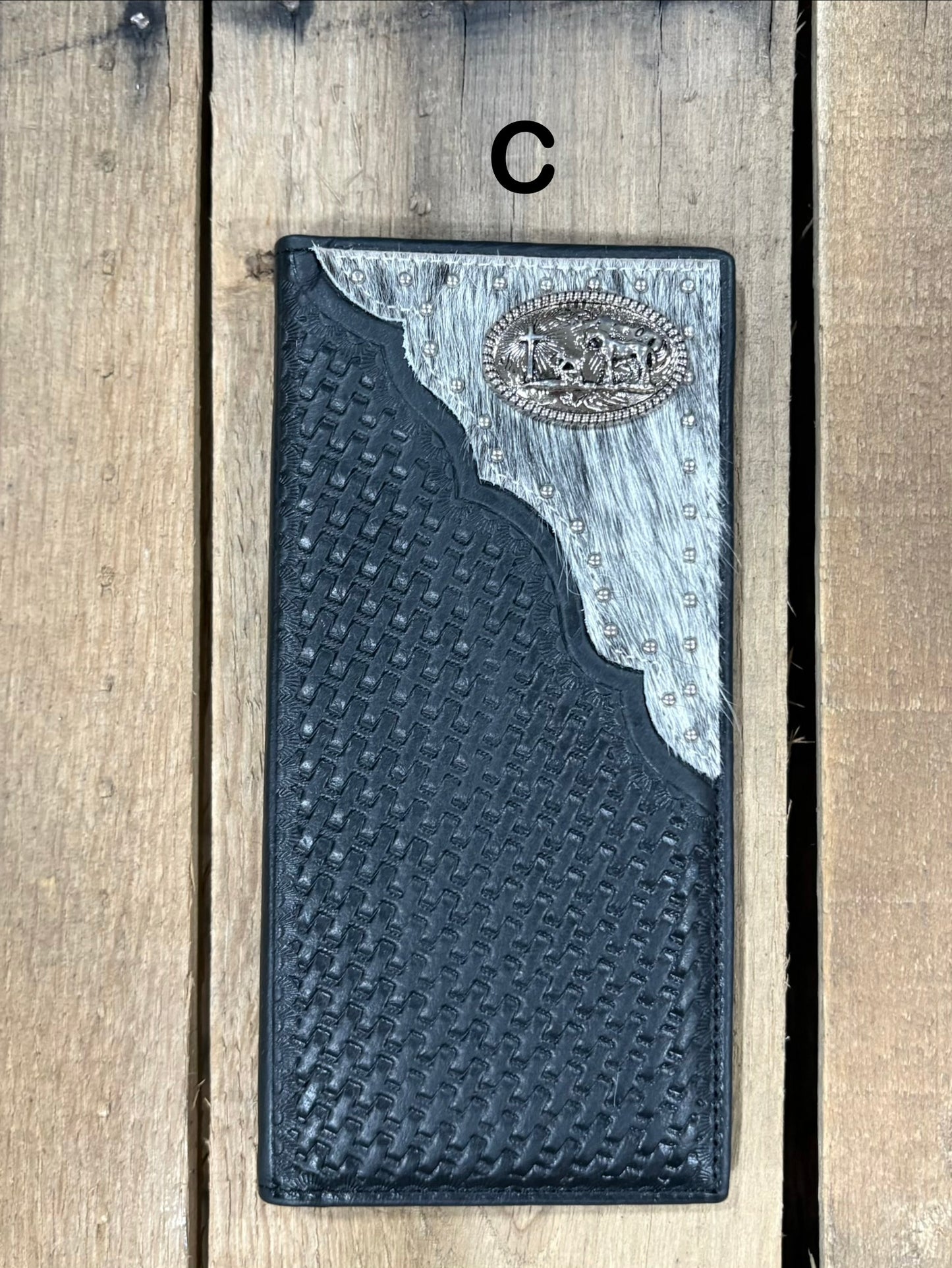 Black basketweave leather tall wallet with hair-on corner featuring a Praying Cowboy Concho. Front View