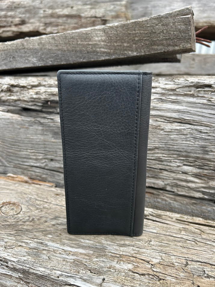 Black leather wallet on a wooden surface