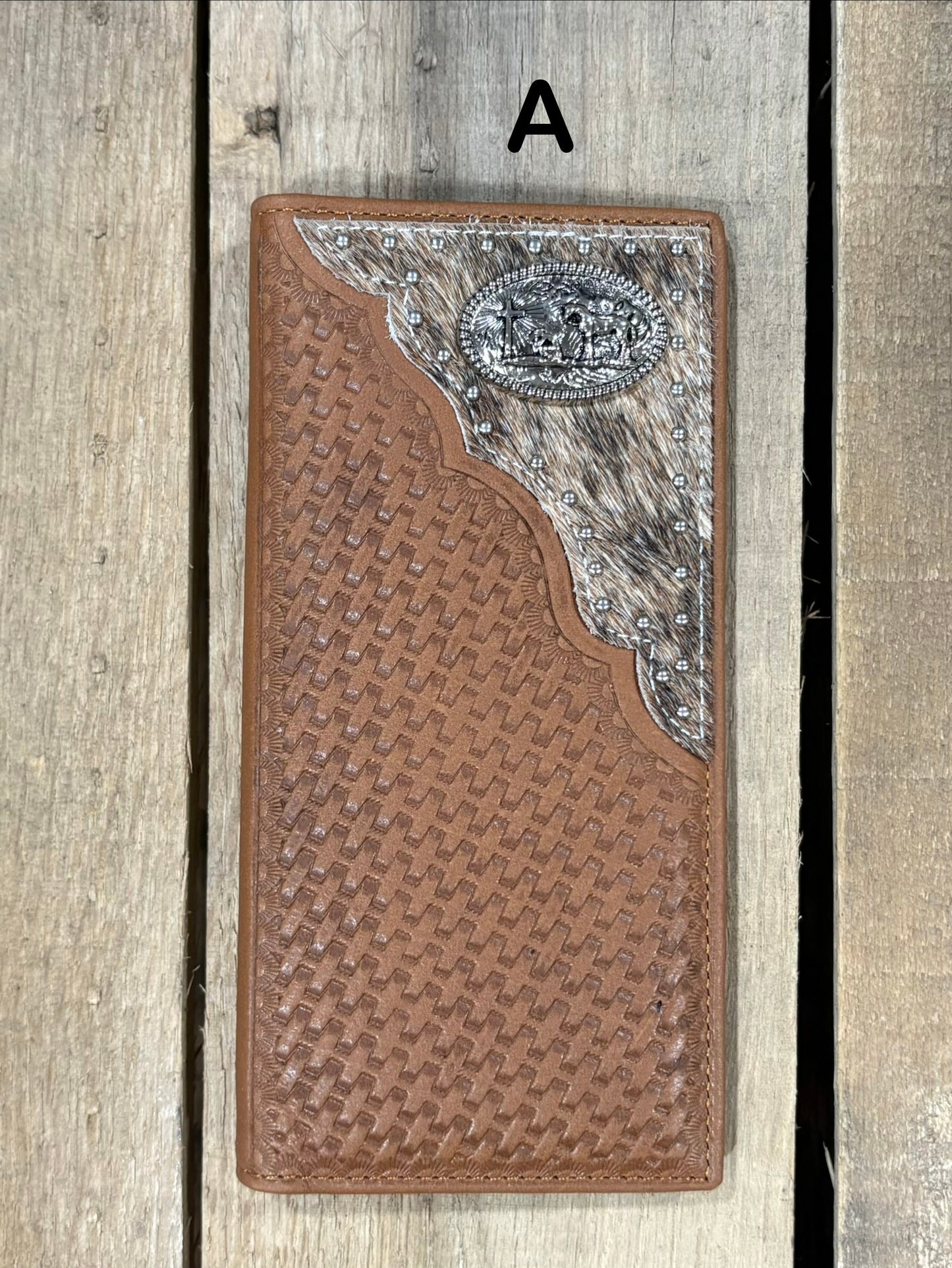 Brown basketweave leather tall wallet with hair-on corner featuring a Praying Cowboy Concho. Front View