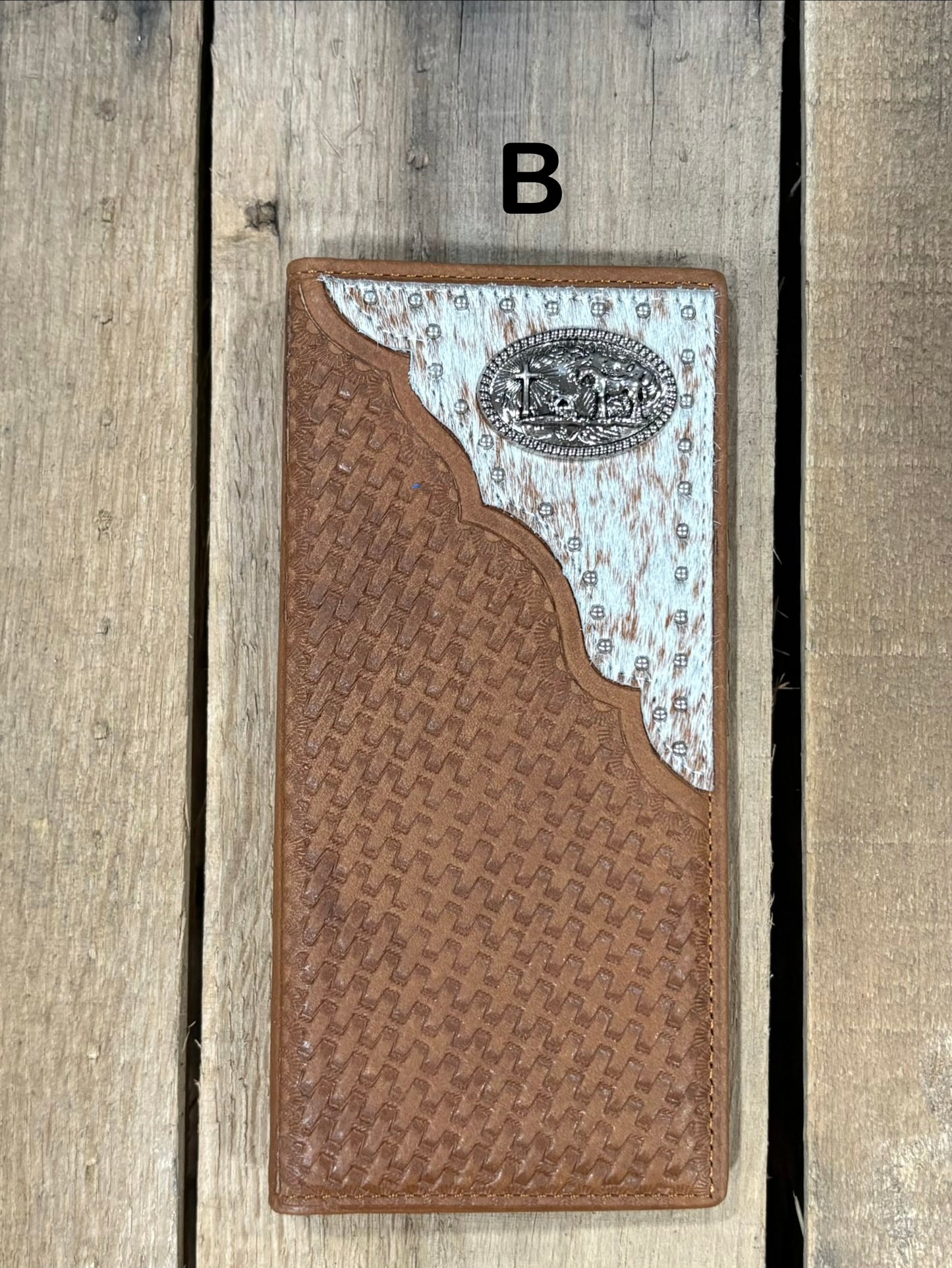 Brown basketweave leather tall wallet with hair-on corner featuring a Praying Cowboy Concho. Front View