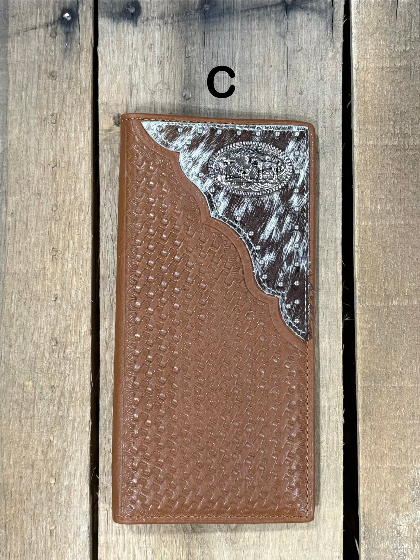 Brown basketweave leather tall wallet with hair-on corner featuring a Praying Cowboy Concho. Front View
