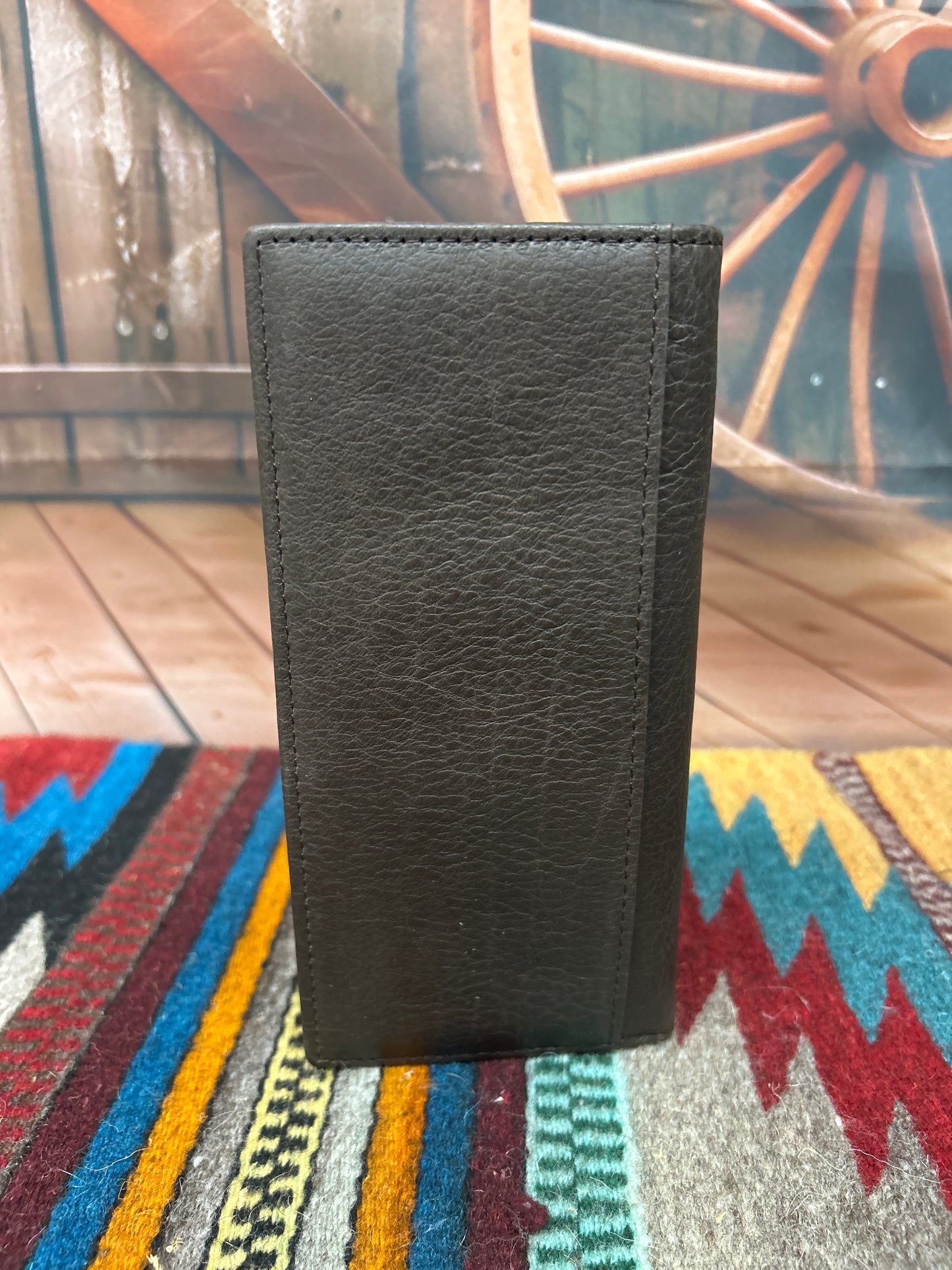 This Coffee Brown basketweave leather wallet features a Praying Cowboy Concho on a Hair- On corner.  Rear view showing a additional cash slot. 
